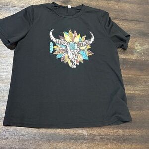 Black T-Shirt with Colorful Bull Skull Design
